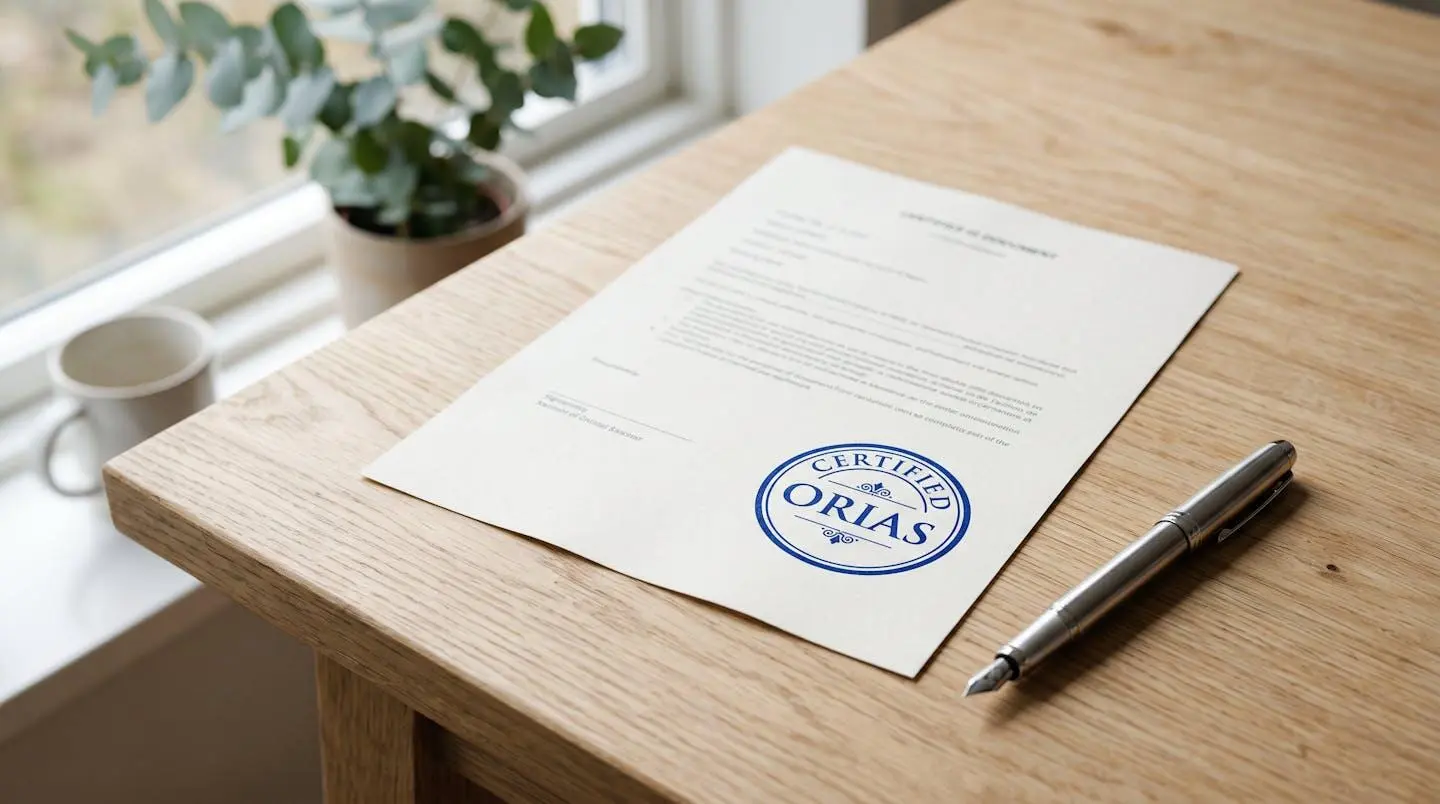 Gros plan sur un document officiel avec un tampon de certification posé sur une table en bois clair, symbolisant la conformité réglementaire du courtier.
