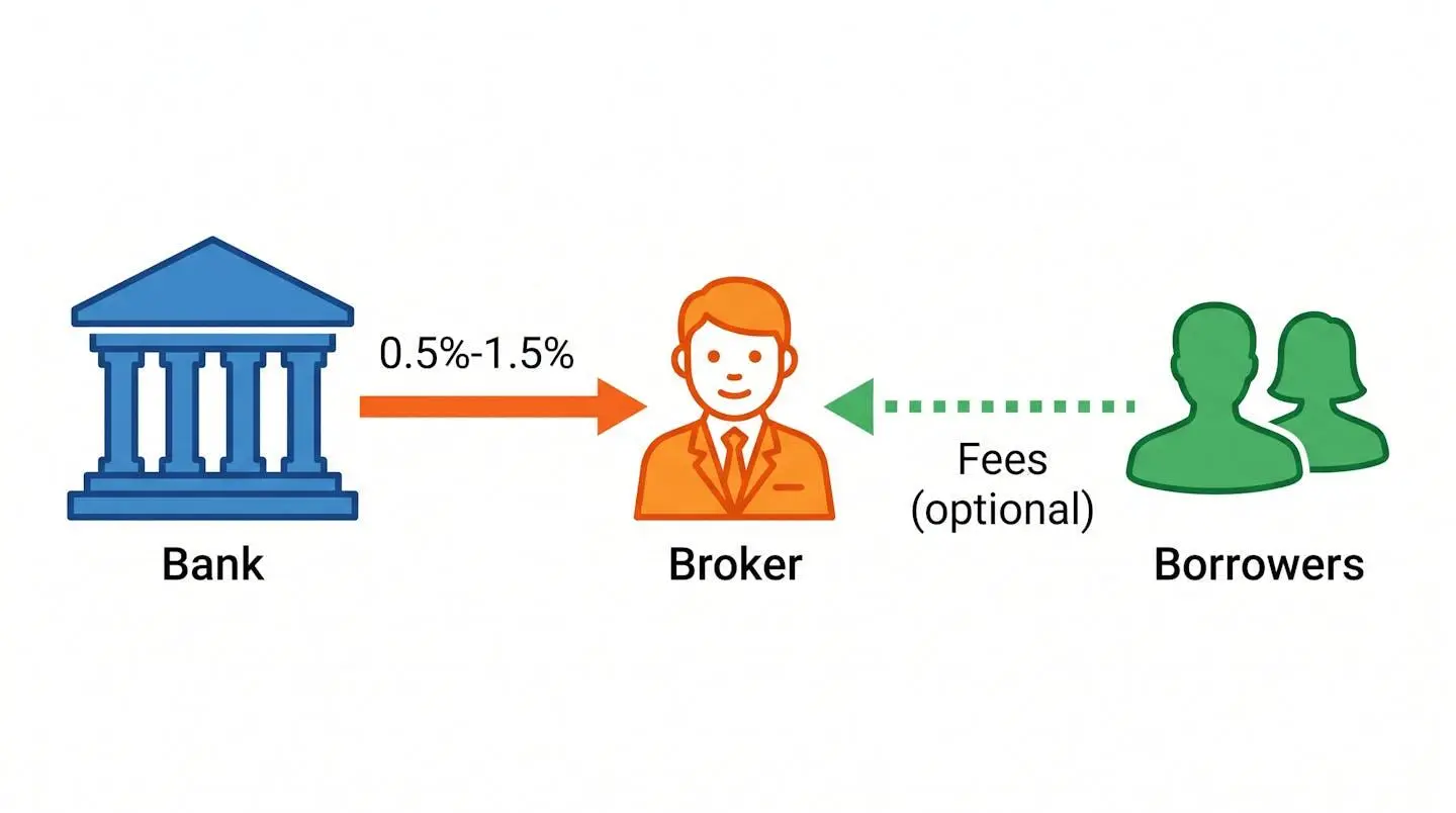 Schéma en flat design montrant les flux de rémunération : la banque verse une commission de 0,5% à 1,5% au courtier, l'emprunteur peut verser des honoraires optionnels.