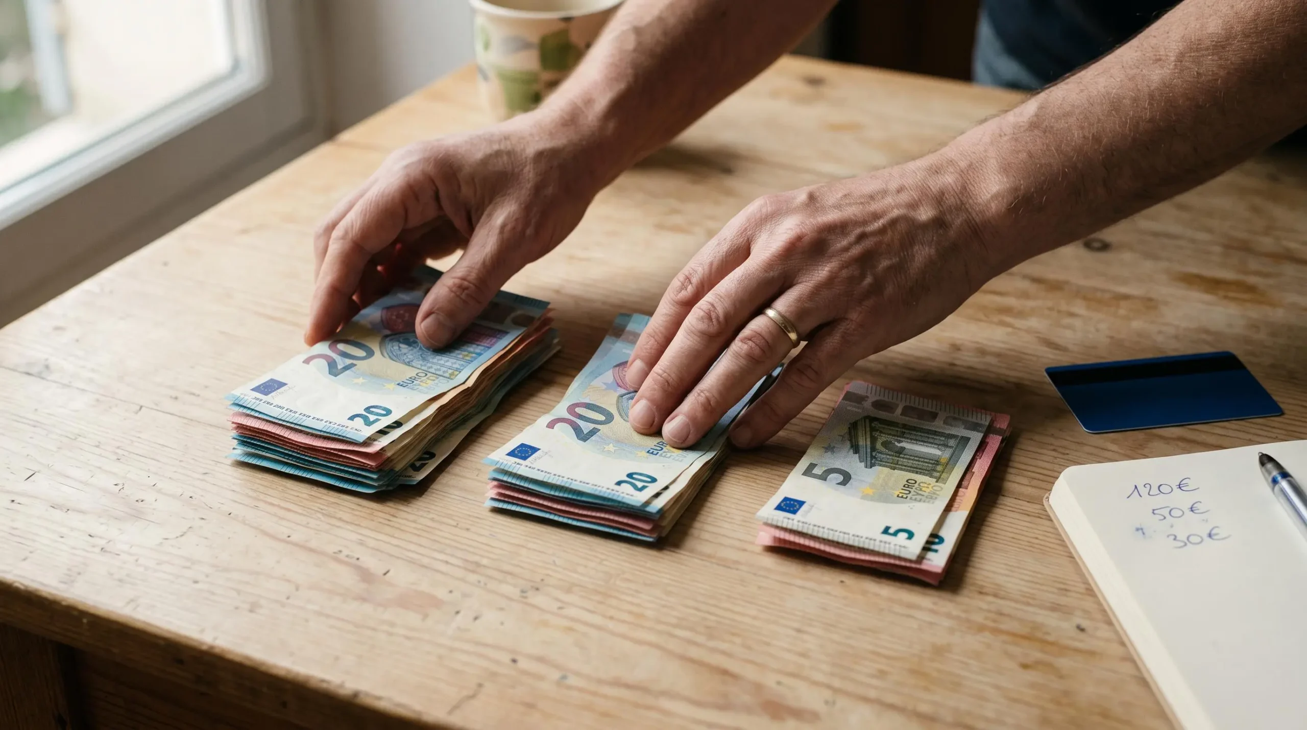 Des mains répartissent des billets en trois tas sur une table, pour organiser un budget mensuel.